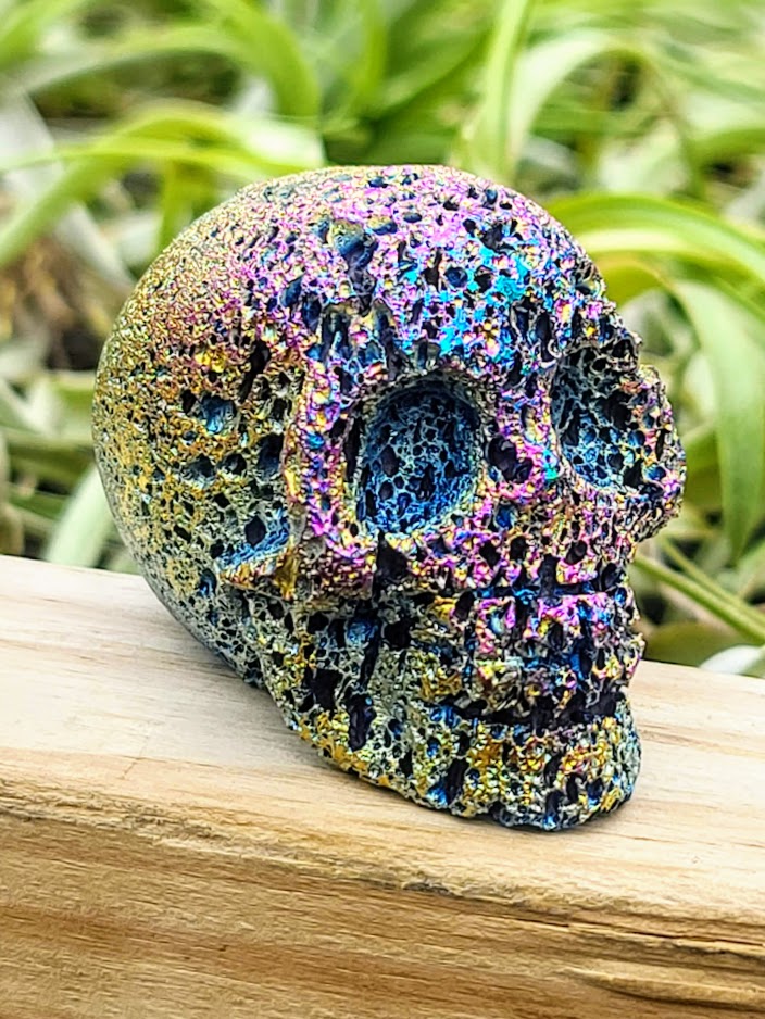 Medium Aura Coated Lava Stone Skull Carving