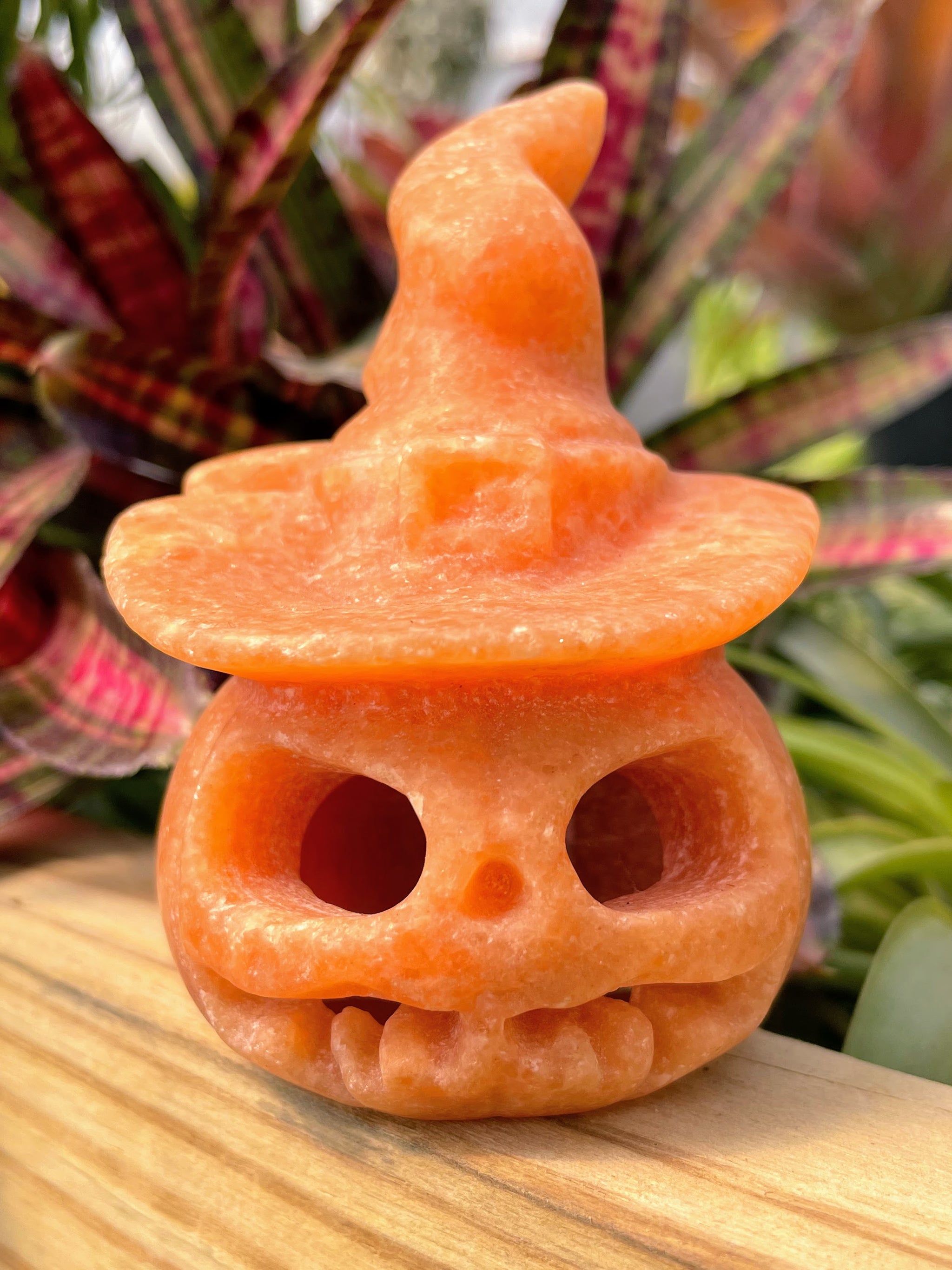Halloween Orange Calcite Jack-O'-Lantern Crystal Carving