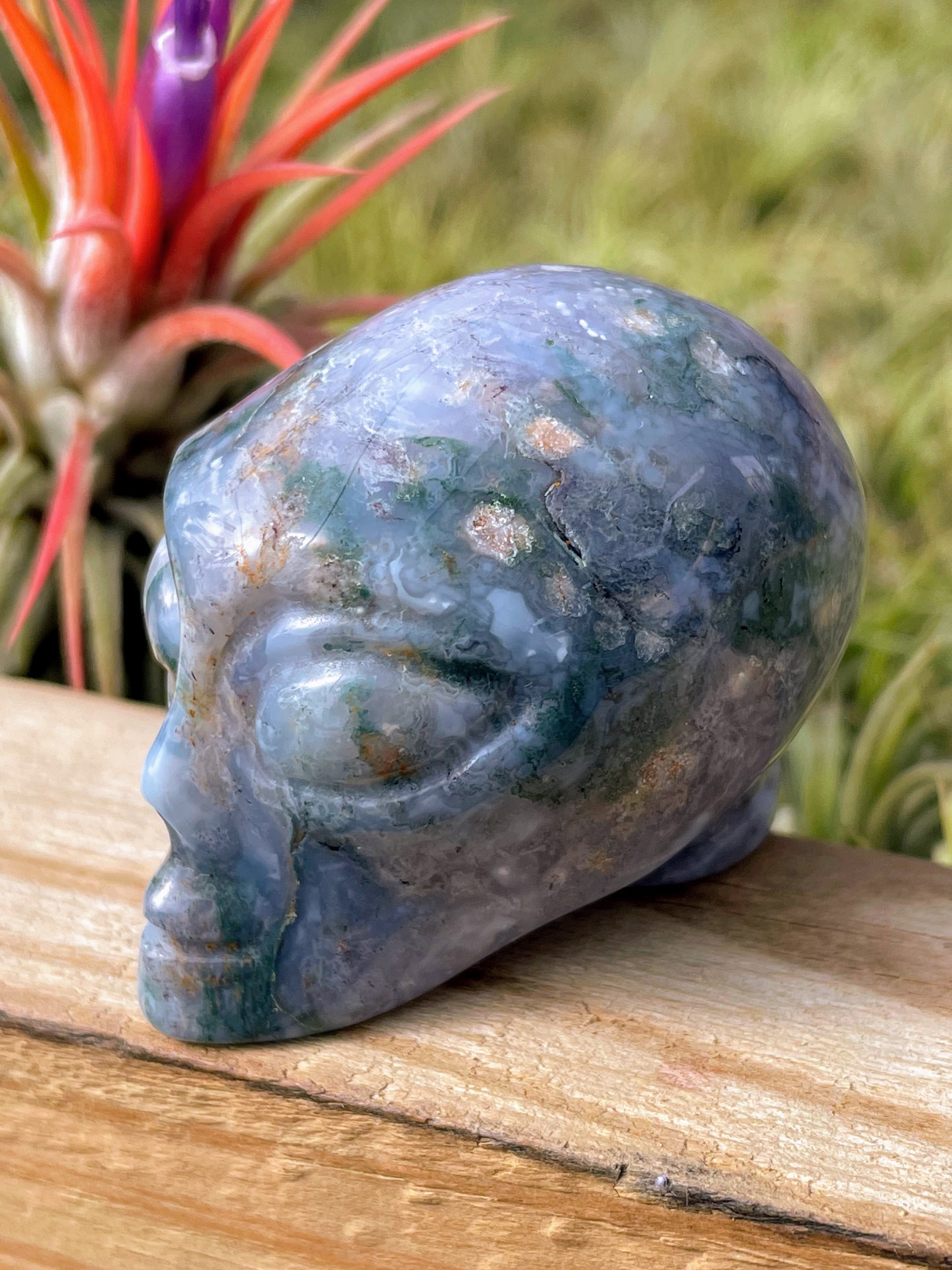 Purple Moss Agate Alien Skull Carving