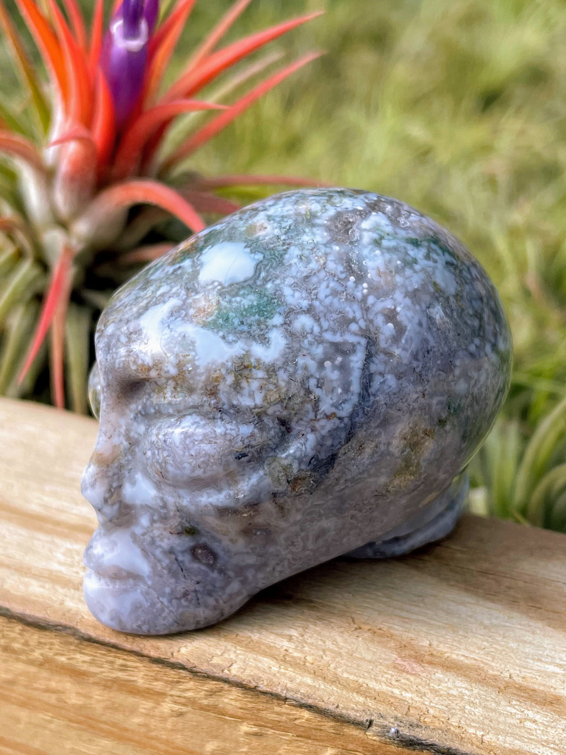 Purple Moss Agate Alien Skull Carving