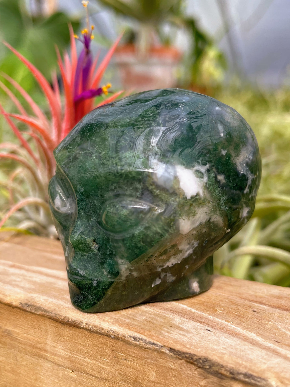 Moss Agate Alien Skull Carving